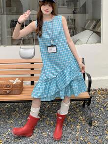 K-Vae Women's Summer Korean Retro Plaid Sleeveless Dress, Ruffle Hem Asymmetrical Tank Dress, Loose Fit Slimming Mid-Length Dress - Multicolor - View 5