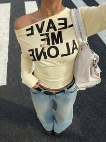 Muchica 女士针织字母印花不对称肩部修身腰部短袖/长袖T恤 - 淡黃色 - 查看 3