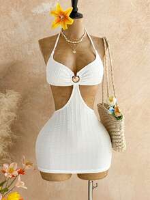 Soleia Summer Outfit For Women Dress Party Beach White Women's Solid Color Shell Decor Cutout Waist Backless Halter Mini Vacation - White - View 1