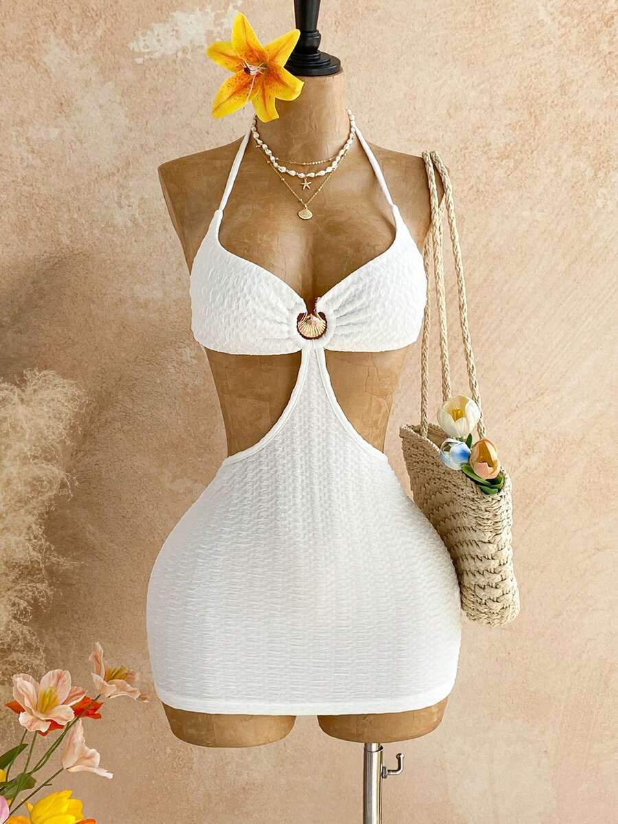 Soleia Summer Outfit For Women Dress Party Beach White Women's Solid Color Shell Decor Cutout Waist Backless Halter Mini Vacation - White - View 1