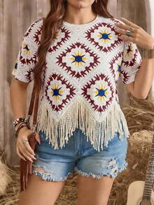 SHEIN LUNE Große Größen Rundhals Kurzarm Vintage Farbblock T-Shirt mit Quasten, Sommer - Gelb - Übersicht 3