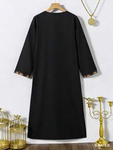 Vacaura 1pc Tween Boys Black Modest Long Shirt,Elegant Gold Embroidery Design,Round Neck,Zipper Front,Straight Fit,Autumn Holiday Retro Classic Style - Black - View 2