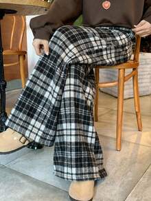 DAZY 女士宽松直筒格子裤，秋冬季 - 黑色 - 查看 3