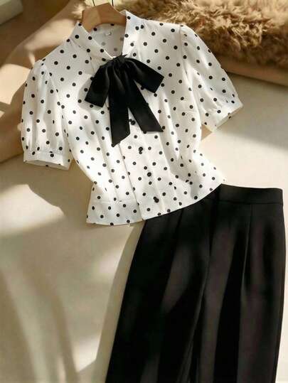 GlowEve CURVE Women's Vintage Polka Dot Bow Tie Puff Sleeve Blouse + Wide Leg Pants 2-Piece Set, Suitable For Office, Dates, Shopping, Afternoon Tea