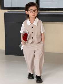 DAZY 男童单排扣背心上衣搭配松紧腰阔腿裤时尚套装，适合演出、主持、派对等多种场合。 - 卡其色 - 查看 4