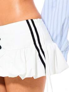 SUMWON WOMEN Varsity Number Print Drawstring Bubble Hem Mini Skirt With Ruffle Detail And Tie Waist Casual - White - View 4