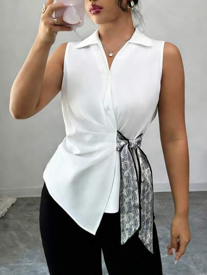 Arcane Artistry Áo nữ mùa xuân hè thanh lịch, màu trơn, phối họa tiết paisley, cổ chữ V, thắt nút bên hông, không tay, dáng bất đối xứng.