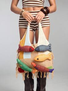 ROMWE Kawaii 1 pieza Bolso de hombro grande con forma de pez y bloques de color, Bolso bohemio de ganchillo para mujer, adecuado para la playa, vacaciones y uso diario - Caqui - Ver 6