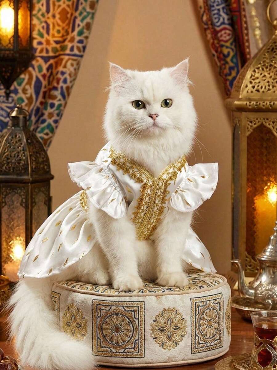 PETSIN Váy thú cưng bằng vải satin in lá vàng với viền ren tinh tế, trang phục quyến rũ phù hợp cho cả mèo và chó - trắng - Xem 1