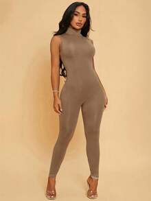 SHEIN SXY 女士纯色无袖针织修身连体裤 - 卡其色 - 查看 4