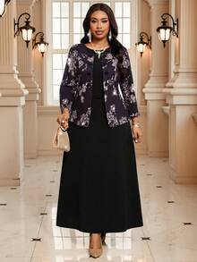 Fleurora 春夏秋冬休闲优雅圆领喇叭腰带纽扣中长长袖休闲优雅黑色连衣裙职业装棕色半身裙黑色半身裙女装套装 - 黑色 - 查看 6