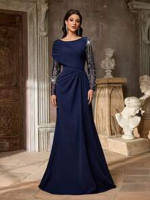 Aureia Elegante y lujosa falda con dobladillo de sirena con volantes, mangas de malla con cuentas y lentejuelas, empalme y elástico fruncido - Azul Marino - Ver 6