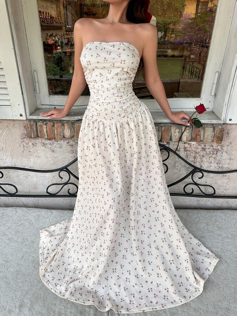 MainGRL Vestido con vuelo y cintura fruncida con estampado floral pequeño, adecuado para vacaciones y citas románticas - Multicolor - Ver 1