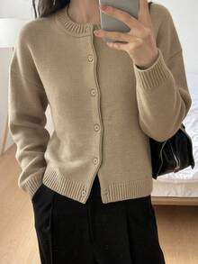 DAZY Áo khoác cardigan dệt kim tối giản, màu trơn, đa năng, phong cách thường ngày dành cho nữ. - Màu Khaki - Xem 3