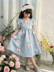 SHEIN 女童方领蝴蝶袖休闲连衣裙 - 淺藍色 - 查看 6