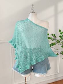 SHEIN EZwear 大码女式休闲荷叶边半透明斗篷毛衣，适合夏季外出和约会 - 水鴨藍 - 查看 2