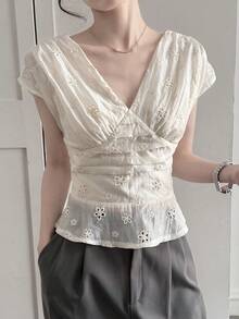 DAZY Women's V-Neck Lace Fabric Waist Cinched Short Casual Elegant Blouse, Summer - Beige - View 2