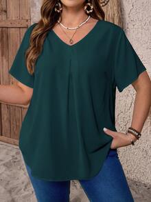 EMERY ROSE Blusa casual de verano con cuello en V y pliegues, de manga corta, talla grande, de estilo campestre y casual, simple y de moda para uso diario - Azul - Ver 1