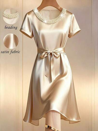 Franclia Women's New Champagne Color Lustrous Fabric Round Neck Pearl Decor Waist Tie Bow Design Casual, Commute, Party, Afternoon Tea Short Sleeve Mid-Length Dress