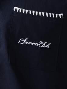 SUMWON Kemeja lengan pendek kancing depan klasik warna navy dengan detail jahitan kontras putih untuk musim panas. - Biru - View 6