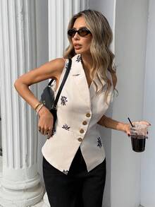 SHEIN PariChic French Fashion Design Print Vest Women's Button-Down Sleeveless Top,Sophisticated Lapel Collar Waist Cinched Elegant Beige Summer Brunch Floral Blouse - Multicolor - View 6