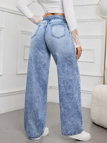 SHEIN Tall Summer Women's Casual Commuter Style With A Fashionable Fold-Over Waistband Design Loose Fit Distressed Denim Jeans - Medium Wash - View 2