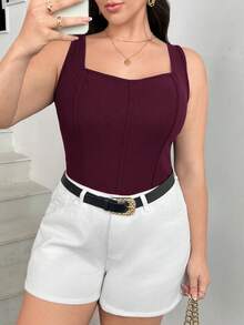SHEIN Frenchy 女士加大码纯色鱼骨纹压线吊带夏季上衣 - 中紫紅色 - 查看 3