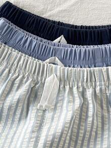 SHEIN Playful Pals 3 Pack Toddler Boy Baby Boy Clothes Casual Style Solid And Striped Pattern Straight Leg Elastic Waist Soft Shorts Pants Trousers Sweatpants Bottoms Jorts Outfit Set For Vacation Beach Summer Outdoor Spring - Blue - View 6