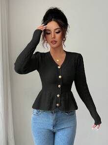Elenzga Áo len cardigan dệt kim ôm sát cổ chữ V nhún bèo thanh lịch dành cho nữ, thích hợp cho kỳ nghỉ lễ và nghỉ dưỡng, mùa thu/đông - màu đen - Xem 3