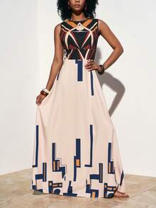 Zivah 2026 Spring/Summer New Music Festival, Easter, St. Patrick's Day, Valentine's Day, Date, Western, Nomadic, Birthday Party, Graduation, College, Student, Casual, Daily, Basic, Leisure, Vacation, Cruise, Beach, Sunbathing, Viral, Streetwear, Wedding Guest, Boho, Commute, Brunch, Airport, Party, Holiday, Office, Sleeveless A-Line Maxi Dress With Print - Apricot - View 8