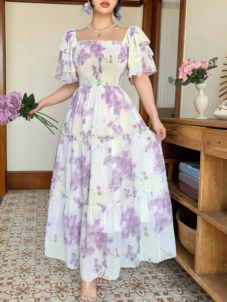 Women's Square Neck Short Sleeve Printed Waist Cinched Dress, Vacation Style Sundress