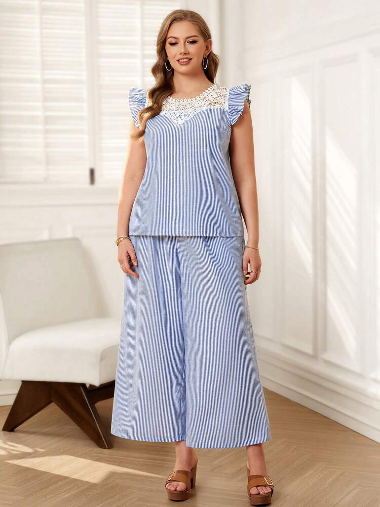 Plus Size Women  Blue Contrast Lace Striped Cap Sleeve Shirt And Wide Leg Pants 2 Pieces Set Women Summer 2 Pieces Sets Summer Pant Set Summer Outfit For Women Beach Vacation Outfits Lace 2 Piece Set