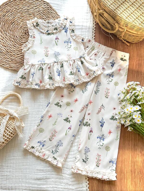 Vintaside Kids 女童无袖碎花上衣和裤子套装，甜美清新风格，适合日常外出、休闲聚会、度假等场合。