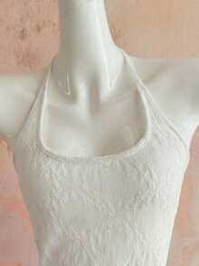 Selianne Áo tank top nữ thanh lịch, thời trang, thoải mái, quyến rũ, cổ điển tối giản, cao cấp, lãng mạn, thích hợp cho kỳ nghỉ, không tay, cổ yếm, thắt nơ ở eo, ôm sát, viền ren jacquard, phối tua rua, màu trơn. - trắng - Xem 3