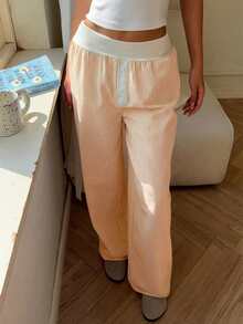 SHEIN EZwear 女士休闲黄条纹撞色白阔腿裤，春夏款 - 黃色 - 查看 3