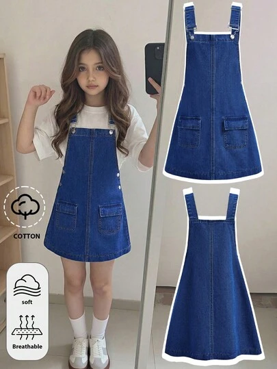 Tween Girls Fashion Casual Y2k Vintage Cool Street Dark Blue Denim Loose-Belted Short Dress For Tween Girl Clothes Tween Girls Dailywear And Tween Girl Spring To Summer Rave Outfits Festival And Outfits Streetwear Clothes