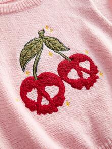 ROMWE Goth Chic Skull & Cherry Embroidered Cropped Short Sleeve Knit Top For Women, Autumn New Style - Baby Pink - View 4