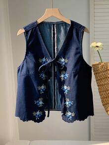 Comfortcana Áo khoác denim nữ thêu hoa, thắt nơ phía trước, thích hợp cho kỳ nghỉ hè, trang phục mùa xuân, áo nữ dự lễ Phục sinh, trang phục ngày Thánh Patrick, trang phục đi biển cho nữ, áo nữ đi chơi, trang phục đi nghỉ mát, áo kiểu nữ thường ngày, áo nữ màu xanh dương, áo khoác denim thêu không tay cổ chữ V thắt nơ phía trước, viền ren. - Rửa tối - Xem 6