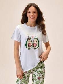 Loomlin Cotton Women Cute Avocado Pattern Sleep Tee + Long Pants Pajama Sets - Green - View 5