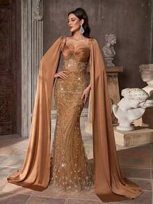 Aureia Rochie elegantă și luxoasă, model sirenă, cu mărgele și paiete, model floral, satin elastic, supradimensionată, cu mâneci bufante, potrivită pentru nunți, petreceri, vacanțe, gale, evenimente formale (puternic decorată) - Aur - Vizualizare 7