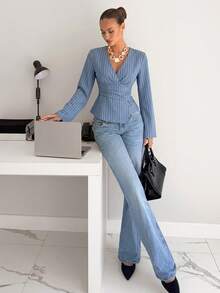 Siren Gaze 女士休闲条纹印花V领褶皱腰身衬衫，适合春秋季、度假、日常穿着和通勤。 - 淺藍色 - 查看 4