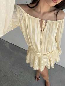 Aloruh Đầm mini lãng mạn cổ tích màu vàng tay phồng dáng rộng thắt eo bằng chiffon xếp ly nhiều lớp trễ vai. - Màu vàng - Xem 5