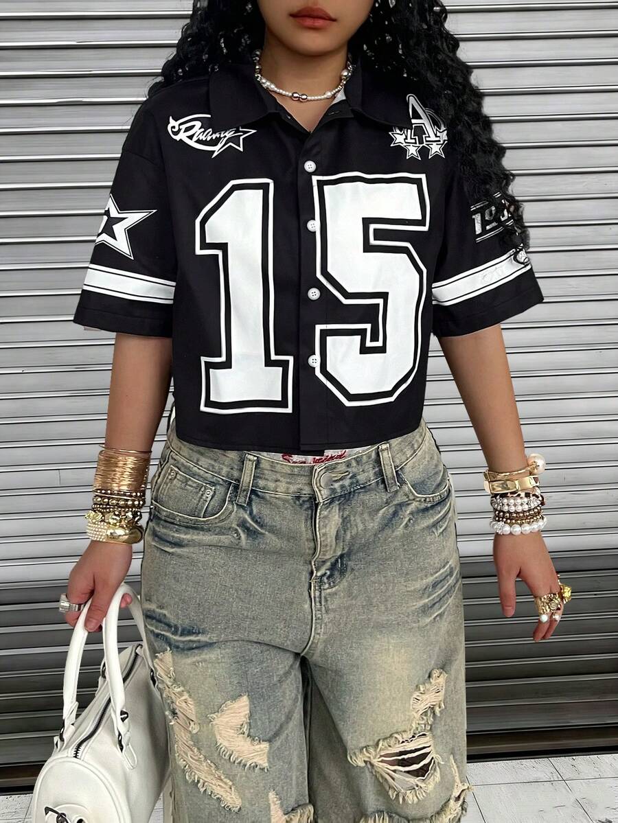 Rovax Women's Casual Loose Fit Numeric Print Short Sleeve Shirt - Black - View 1