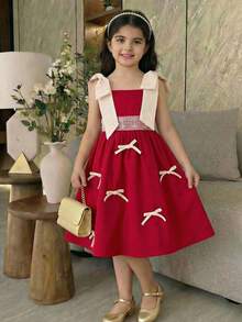 SHEIN Vestido de niña con contraste de color y lazo tejido - Blanco - Ver 4