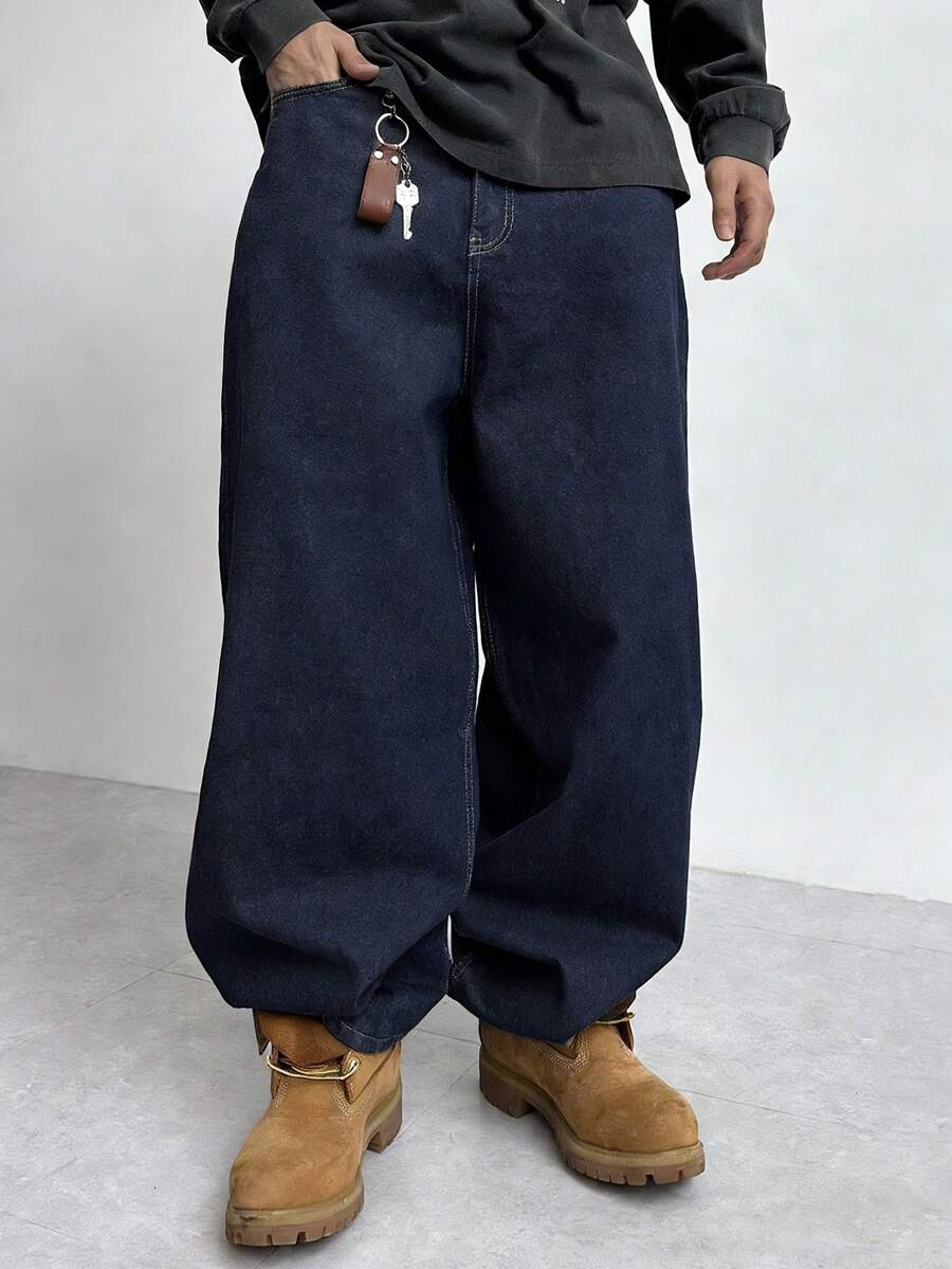 DAZY Jeans de mezclilla vintage lavados de color camel sólido para hombre, otoño - Azul Marino - Ver 1