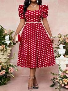 Fleurora 大码女式心形印花甜心领泡泡袖优雅连衣裙 - 彩色 - 查看 3