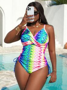 Slaydiva Plus Size Tankini Swimwear, Floral Print, Crossover Front, Adjustable Drawstring Hem, Adjustable Shoulder Straps, Vacation & Beach Wear - Multicolor - View 4
