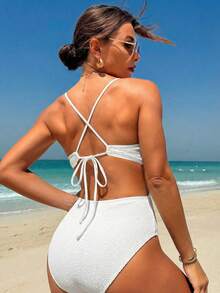 Swim Vcay 1pc Women's Solid Color Spaghetti Strap Criss-Cross Back Shell Chain One-Piece Swimsuit - White - View 2