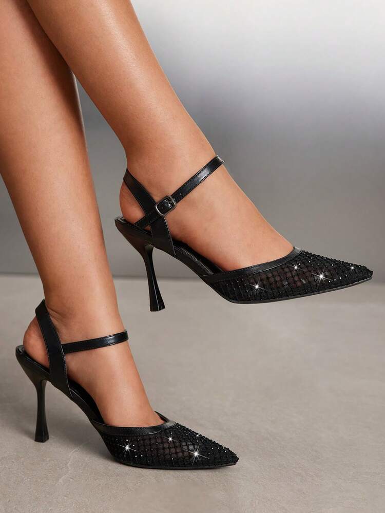 CUCCOO SZL Women's Pointed Toe High Heel Black Rhinestone Mesh Fashionable Sexy Party Wedding Ankle Strap Pumps Spring Shoes