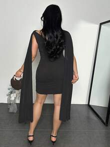 Firerie 加大码女士休闲优雅飘逸缎带修身连衣裙 节日连衣裙/优雅派对连衣裙/感恩节女装/新年连衣裙/冬季女装/秋季服装/新年连衣裙/派对连衣裙/黑色半身裙/黑色连衣裙 - 黑色 - 查看 8